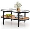COSTWAY Tavolino da Salotto in Legno Massello e Vetro, Tavolino Basso a 2 Piani con Spazio di Archiviazione, Tavolo Ovale Elegante per Soggiorno e Ufficio (Nero)