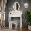 Vicco Tavolo da toeletta Meghan, Bianco, 75 cm | con sgabello, con sgabello e specchio ovale fissato in modo permanente