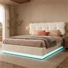 BLSYHDH - Letto baule 140 x 200 cm, letto imbottito a LED con sistema idraulico e cassapanca, letto matrimoniale con contenitore, con testiera e rete a doghe, (beige+velluto)