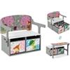 COSTWAY Cassapanca Contenitore 3 in 1 per Bambini Trasformabile, Grigio | Set Tavolo e Sedie Multifunzione in Legno con 2 Cassetti in Tessuto, Scatola dei Giiocattoli per 3-7 Anni