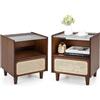 GIANTEX Set 2 Comodino in Bambù, Comodone da Letto con Cassetto in Rattan e Scomparto Aperto, Tavolino con Piano in Vetro, 43 x 35 x 50 cm