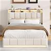 KeepGoon Letto matrimoniale 140 x 190cm, letto imbottito con contenitore, vano portaoggetti per comodino + LED + porta USB, letto per riporre oggetti, in Lino, idraulico (Beige)