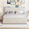 JDEFARF Letto 160x200 con Contenitore e LED, Letto Matrimoniale Imbottito in Velluto Beige con USB, Struttura Letto Matrimoniale con Contenitore Idraulico e Rete a Doghe, Materasso non Incluso