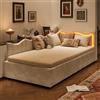 Julyue Letto singolo imbottito 90 x 200 cm, divano letto con vano idraulico, letto con LED, letto per gli ospiti, letto per ragazzi con rete a doghe, in lino, senza materasso (beige e bianco, 90 x 200