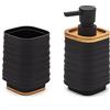 Inbagno Set Accessori Bagno 2 Pezzi Nero, Dispenser e portaspazzolini, in ABS e bambù Naturale, Linea Wave (Set 2)