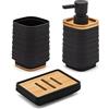 Inbagno Accessori Bagno in Set Completo 3 Pezzi Nero, Kit Accessori appoggio, Include Dispenser, portaspazzolini e portasapone, in ABS e bambù Linea Wave (Set 3)