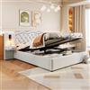 Rtopsu Letto Imbottito Matrimoniale 180x200 cm con USB e 2 Lampade da Comodino, Struttura del Letto Idraulico con Contenitore e Rete a Doghe, Testata con 2 Cassetti, Lino, Beige, Senza Materasso