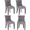 CLP Set 4 Poltrone Pranzo Aberdeen Stile Chesterfield in Velluto E Legno caucciù, Colore:Grigio, Colore del Telaio:Antico