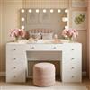 CLP Tavolo da toilette Tiline con specchio Hollywood I Tavolo cosmetico con illuminazione a LED I Tavolo con 9 cassetti e porta USB, Colore:bianco