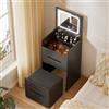 MSFE Tavolo da Trucco 3 in 1 con specchio Plip Top, Specchio LED A 3 Colori E Sgabelli Piccola Unità Vanity Toeletta con piano in vetro visibile, Console Trucco con 3 cassetti per camera da letto