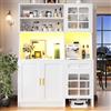 Kebnor Mobile alto da cucina, credenza, armadio da cucina con ante in vetro e illuminazione a LED, nero (130 x 45 x 180 cm) (bianco)