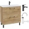 Deftrans Mobile sottolavabo, 80 x 80 cm, con lavabo, in rovere artigianale, con 2 cassetti, chiusura morbida, mobili da bagno con rubinetto per lavabo