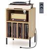 GIANTEX Tavolino da Letto Mobile Giradischi con Base di Ricarica, Comodino per 150 Album, 2 Porte USB, 1 Tipo C, 5 Scomparti, Gambe in Metallo, Supporto per Giradisco, 53 x 45 x 78 cm