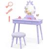 LIFEZEAL Specchiera Trucco Bambina, con 7 LED, 3 Colori di Luci, Postazione Trucco Bambina, con Sgabello Imbottito, Cassetto e Specchio di Corona, Toeletta Trucco per Bimbi 3-7 Anni (viola)