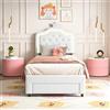 SAOOZBE Letto imbottito per bambini, 90 x 200 cm, letto da principessa con LED e cassetti, con testiera regolabile a forma di corona, letto singolo, letto giovanile, struttura letto con rete
