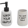 Inbagno Set Dispenser Sapone Liquido e portaspazzolino in Ceramica Bianca con Stampe a Contrasto Moderno