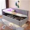 Lubvtti Divano letto imbottito 90x200 con illuminazione a LED e contenitore idraulico, design classico a righe verticali, testiere laterali intercambiabili, velluto, Grigio chiaro (materasso non incluso)