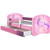 ACMA Letto per bambini 80x180 cm con cassetto, materasso e rete a doghe - letto junior con barriera di sicurezza, motivo 17 Il pony con lo sfondo rosa - Rosa, letto per bambina, portata fino a 120 kg