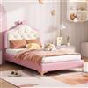 Goeria Letto imbottito singolo, a forma di onda con punto di trazione sulla testiera del letto, fiocco rosa, con letto multicolore con doghe in legno, strisce LED variabili, letto singolo, PU, telaio rosa,