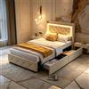 QMTXBYJ Letto imbottito 90x200 con 2 cassetti, Letto singolo con contenitore 90x200, testiera LED con funzione di ricarica USB, Struttura letto Singoli con rete a doghe per Ragazzi, senza Materasso