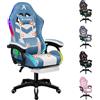 ALFORDSON Sedia Gaming Massaggiante e Luci LED,Poltrona Scrivania con Poggiapiedi,Sedia Gamer Ergonomica per Ufficio Domestico,Schienale Regolabile 90-150°,Portata 180KG, Tessuto(Blu e bianca)
