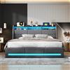 WOBOPCG Letto Matrimoniale con Contenitore 160x200, Letto Imbottito con LED letto Contenitore con Presa USB Letti una Piazza e Mezza con contenitore Struttura Letti con Testiera Imbottita (Grigio + Lino-A)