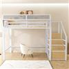 Kebnor Letto a soppalco con scala di sicurezza e vano portaoggetti flessibile, letto in metallo, letto per adulti, letto a castello per bambini, bianco, 140 x 200 cm