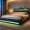 WOBOPCG Letto imbottito matrimoniale 160x200, letto con cassetti e scomparti con rete a doghe, 4 cassetti, letto con rete a doghe con caricatore USB e luce, scomparti letto con struttura (grigio