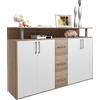 EGLEMTEK Credenza Comò Con 3 Cassetti 4 Ante Battenti 1 Ripiano Aperto A Giorno Mobile Mobiletto Soggiorno Ingresso Salotto Sala Da Pranzo Design Moderno Monsaraz 139 x 90 x 34 Cm Colore Bianco E Rovere
