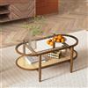 GIANTEX Tavolino da Caffè Ovale, Legno Massello con Piano in Vetro e Ripiano in Rattan, Rustico, 102x56x47 cm, per Soggiorno, Marrone