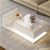 BTM Tavolino Basso da Salotto Moderni con Luminosa a LED, Tavolino Vetro Rettangolari, Tavolinetto da Salotto, 100 cm Bianco Lucido