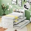 Idemon Letto singolo in legno massello di pino 90 x 190 cm, multifunzione, con cassetto estraibile, rete a doghe, comodino con ripiani con presa USB, letto per ragazzi (bianco)