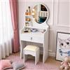 GrecoShop Scrivania Bambini Toeletta Vanity Table Tavolo Trucco Specchio Ovale e Sgabello, Mobile Make‑Up+Cassetto e Ripiani, Postazione Trucco per Ragazze e Bambine, Arredo Bianco per Camera da Letto