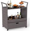 COSTWAY Carrello Bar in Rattan da Esterno, Tavolo Bar Mobile con Piano in Vetro Temperato, Ripiano Aperto e Cassetto Capiente, Carrello di Servizio per Patio Veranda Cortile e Giardino