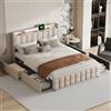 Marooma Letto con cassetto 140x200, letto imbottito con USB e LED, comodino con contenitore, letto matrimoniale con 4 cassetti, rete a doghe in metallo, biancheria(Beige, 140x200cm)