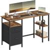 VASAGLE Scrivania per Computer, Tavolo da Ufficio, Scrivania con 3 Ripiani, 2 Cassetti, 127 x 50 x 76 cm, per Ufficio, Soggiorno, Stile Industriale, Marrone Vintage e Nero Opaco LWD103KD01