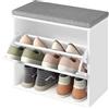 VASAGLE Panchina Scarpiera a 3 Ripiani per 6 Paia di Scarpe, Panca da Ingresso, Cassetto a Ribalta con Divisorio Regolabile, 30 x 60 x 53,5 cm, per Camera, Bianco Nuvola e Grigio Tortora LSB121WB01