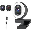 Galyimage Webcam 4K con anello luminoso Web Cam 4K autofocus con TOF Computer Camera 1080P 60FPS Web Camera Copertura privacy integrata e microfono Streaming Webcam per Switch 2/Zoom/Skype/Google Meet Nero