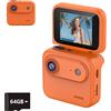 Generic Mini videocamera Vlog 2026 4K ultra trasparente, con schermo flip e stabilizzazione, mini fotocamera sportiva per viaggi e creatori di contenuti (64 GB), arancione, 64 G