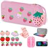 VirgoCCY Custodia da viaggio con fragola per Switch 2 2025 con cover in silicone rosa, tappi per pollice Kawaii, protezione schermo, adesivi ricamati per ragazze e donne, fragola