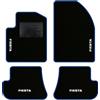 QUEMAR Tappetini Auto compatibili con Ford Fiesta MkV 5 serie 2002-2008/ Kit Tappeti Moquette e Gomma su Misura (Set 2 Anteriori + 2 Poster.)/Ricami e Colori Personalizzati (4 Ricami, Bordo Blu)