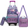 HTgroce Trolley Scuola Bambina Leopardato- Set 3 Pezzi: Zaino Elementare con Carrello a 2 Ruote, Borsa per il Pranzo e Astuccio. Zainetto Ergonomico