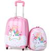 GYMAX Set di Valigia per Bambini, Trolley Bagaglio di 2 Pezzi a Mano Cavalcabile con Cinghia e Tracolla, Valigia Rigida con Ruote e Zaino, Regalo per Bambino e Bambina (12+16, Unicorno 2)