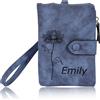 INBLUE Personalizzato Portafoglio in Pelle per Donne Fiore di Nascita Nome Portafoglio Piccolo Tri-Fold Portamonete con Cinturino da Polso Regalo Personalizzato per Festa della Mamma - Blu