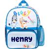 Bluey Zaino per bambini, borsa per la cameretta dei bambini, tasca in rete per bottiglia d'acqua e tasche frontali con cerniera, personalizzabile con qualsiasi nome, azzurro, Azzurro