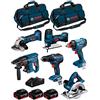 JG todotaladros BOSCH Kit 18V BK601BAG (GDX 18V-180 + GSR 18V-55 + GKS 18 V-LI + GST 18 V-LI S + GBH 18V-21 + GWS 18-125 V-LI + 3 Batterie di 4,0 Ah + Caricabatterie + 2 Borse)