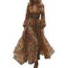 Generisch Abito estivo da donna, lungo, bohémien, a maniche lunghe, con stampa floreale, linea ad A, per il tempo libero, con scollo a V, stile vintage, rustico, da spiaggia, Western Country, marrone, S