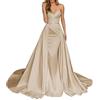 Generic - Abito da sposa in raso, da sirena, senza spalline, con ruches, da damigella d'onore, con corsetto, lungo, con strascico, abito da sera formale, Champagne, M