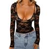 Generic Camicia Donna, Camicette di Pizzo Donna Maniche Lunghe Top a Canotta con Bordo Pizzo Y2K Magliette Sexy Rete Trasparente Maglietta Estiva Elegante Slim Streetwear per Feste Club Serate Fuori Nero S
