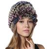 KAISHIN Cappellini Invernali a Righe Colorate per Donna Cappelli in Vera Pelliccia di Coniglio Rex Berretti (Bianco Grigio)